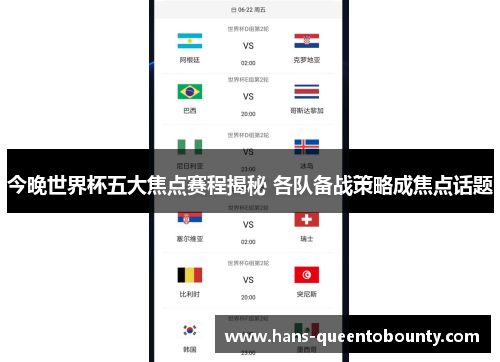 今晚世界杯五大焦点赛程揭秘 各队备战策略成焦点话题