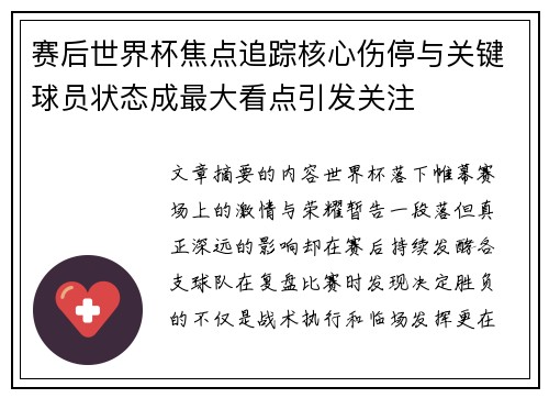 赛后世界杯焦点追踪核心伤停与关键球员状态成最大看点引发关注